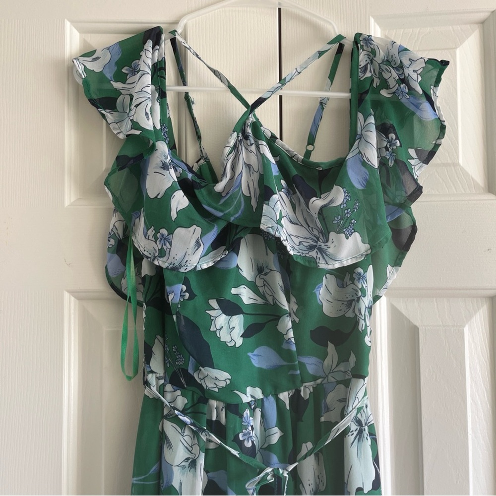 Japna Green FloralWomen’s  Medium Cold Shoulder Maxi Dress Ruffle Tropical Boho